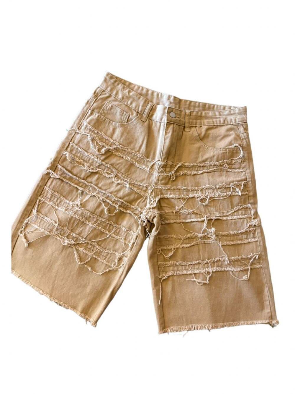 Manfinity Men's Size M Tan Distressed Raw Hem Denim Shorts